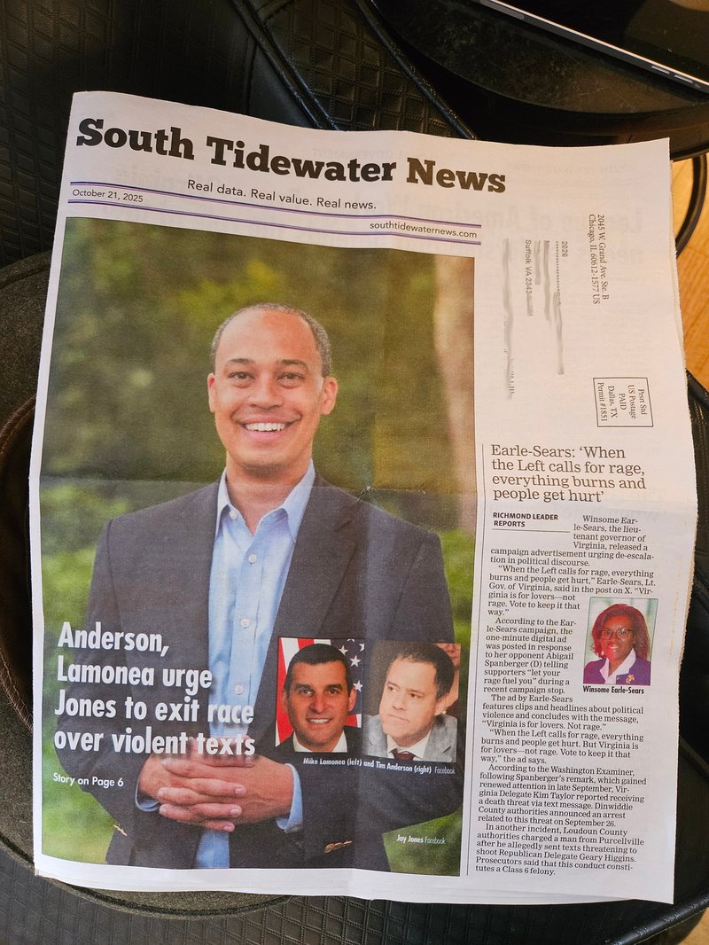 Cover of paper copy of the South Tidewater News. The cover includes a photo of Jay Jones accompanied by the headline "Anderson, Lamonea urge Jones to exit race over violent texts"