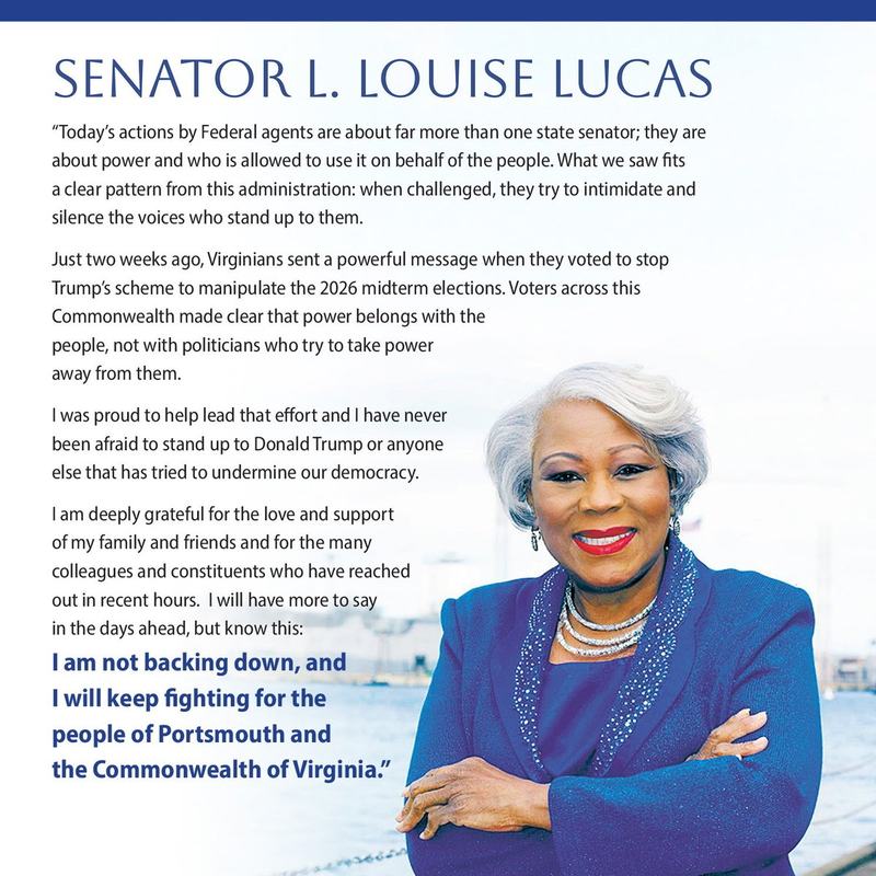 Photo of L. Louise Lucas with statement as described in post
