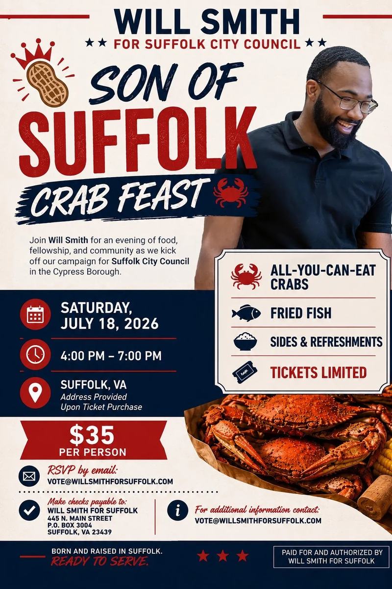 Poster about Crab Feast for Will Smith July 18th.  Details are in the post